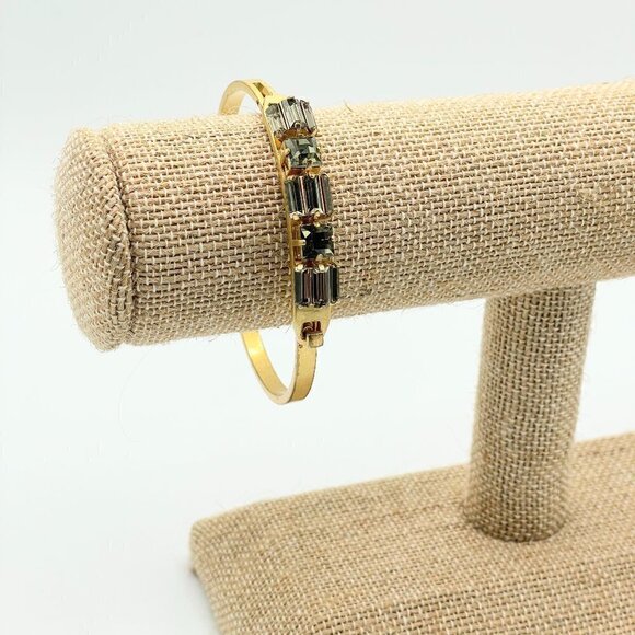 Madewell Multi-Shape Grey Green Crystal Gold Tone Hinged Hook Bangle Bracelet - Picture 8 of 10